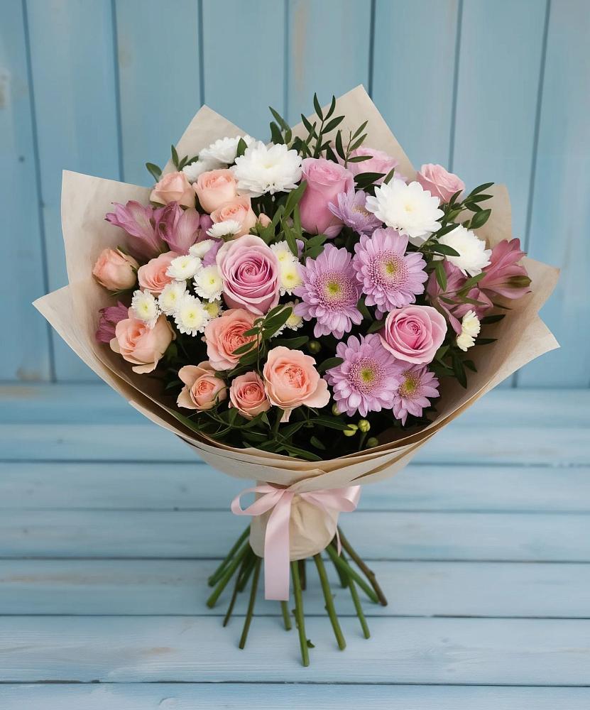 Букет цветов из: Хризантемы, Розы и Альстромерии в Лобаново