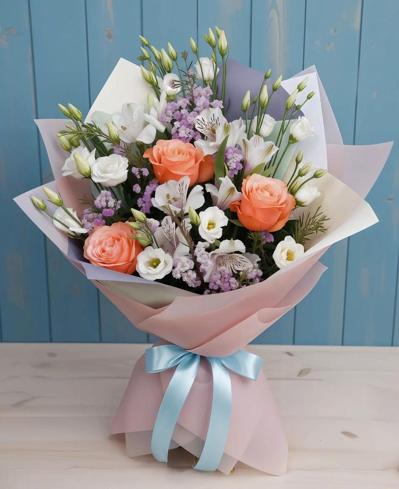 Букет цветов из: Лизиантусы, Розы, Альстромерии и Гипсофила в Лобаново