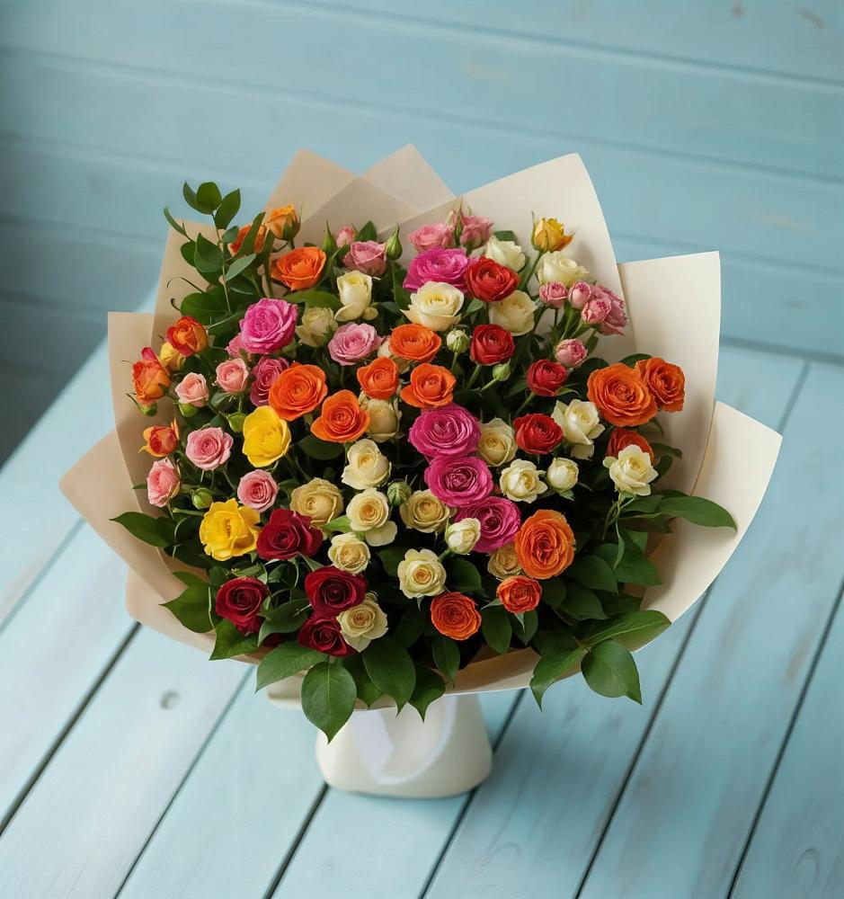 Букет Микс из разноцветных кустовых роз в Лобаново
