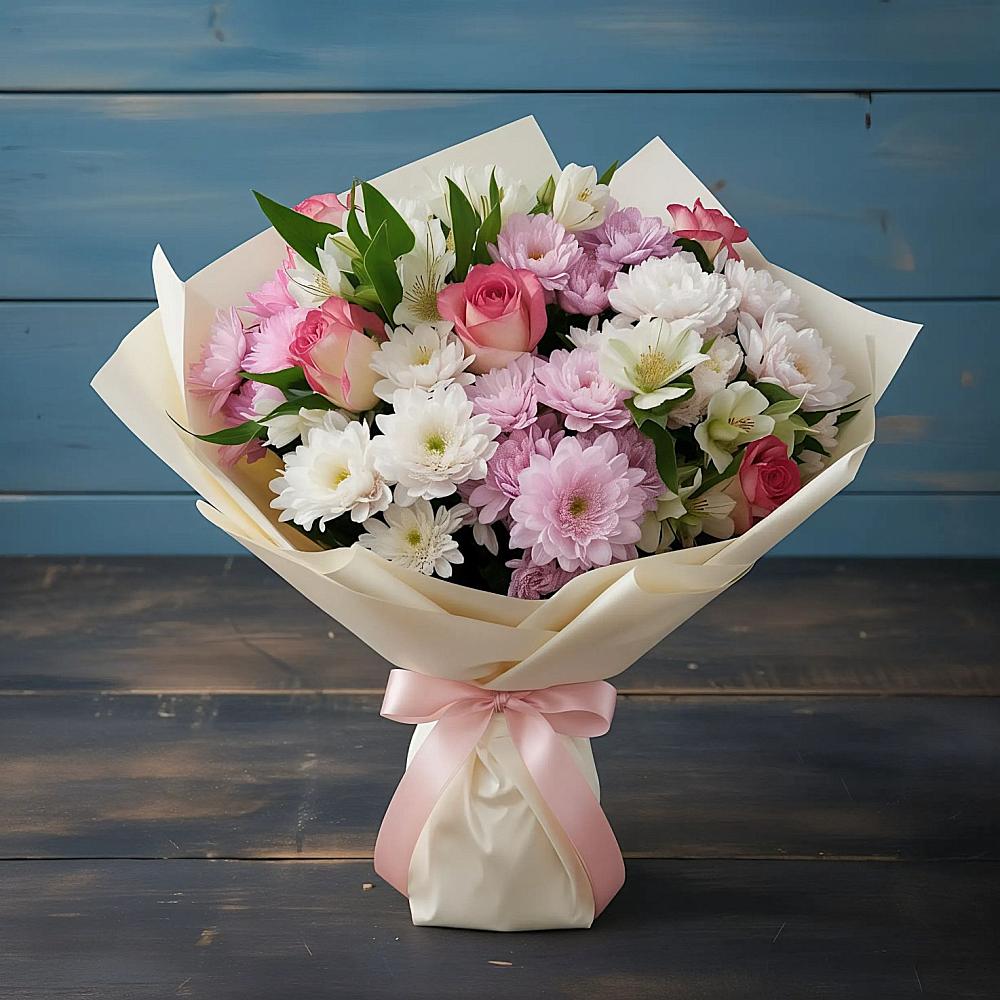 Букет цветов из: Хризантемы, Альстромерии и Розы в Лобаново